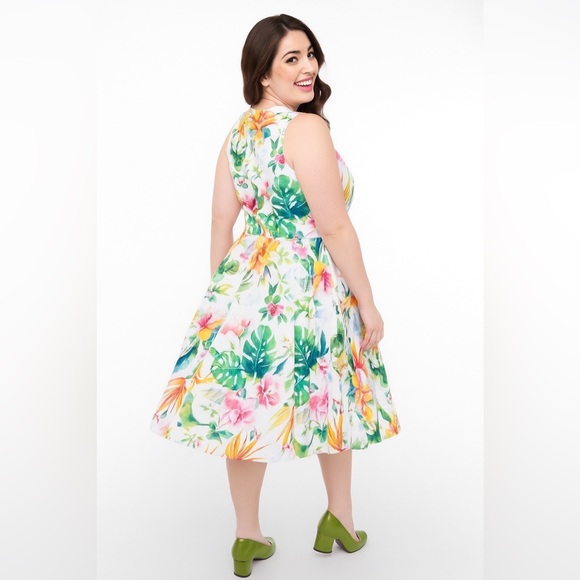 Unique Vintage 50s Tropical White & Orange Floral Cotton Swing Dress, Large, NWT - Picture 9 of 16